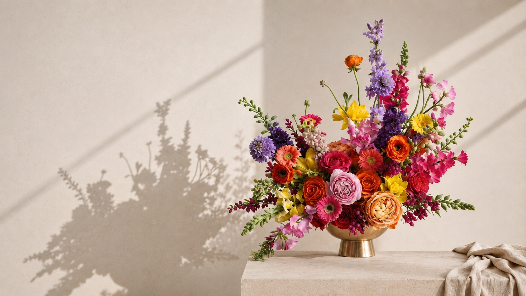 Centro floral sobre base dorada con lilium, tulipanes y gerberas